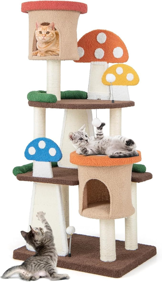 Tangkula Mushroom Cat Tree, Multi-Level Cute Cat Tower with Full-Wrapped Sisal Posts, Scratching Boards & Interactive Balls, 2 Cat Condo, Flower Cat Tree Tower for Indoor Cats Large Adult (57.5 Inch)