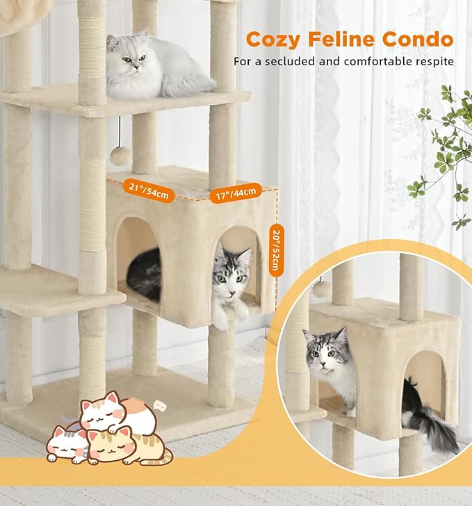 Made4Pets Tall Cat Tree, 71 Inches Cat Tree Tower for Indoor Cats Large Adult, Plush Multi-Level Cat Tower with 5 Scratching Posts, 2 Hammock, Condo and Perch, Big Cat House Indoor, Beige