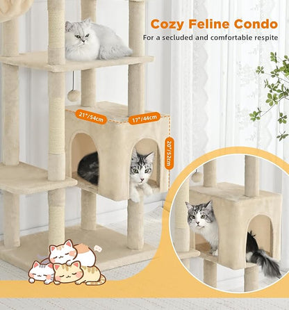 Made4Pets Tall Cat Tree, 71 Inches Cat Tree Tower for Indoor Cats Large Adult, Plush Multi-Level Cat Tower with 5 Scratching Posts, 2 Hammock, Condo and Perch, Big Cat House Indoor, Beige