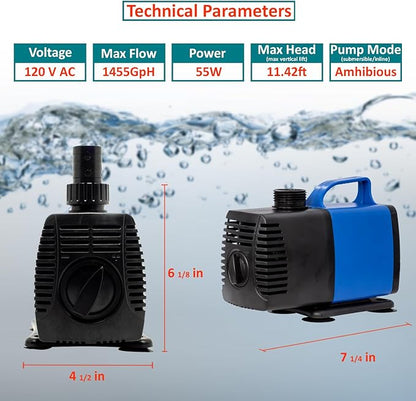 1190 GPH Submersible Pump(4500L/H,75W) Ultra Quiet Adjustable Amphibious Internal External Water Pump for Pond,Aquarium,Fish Tank,Fountain,Hydroponics,Statuary,Sump Pump - 2 Pcs