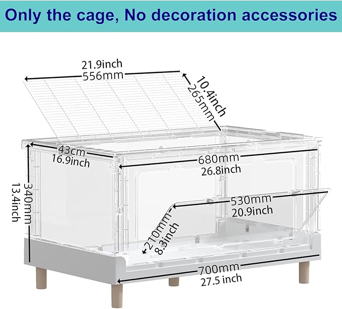 Hamster Cage & Guinea Pig Cages,Fully Transparent and Eco-Friendly Large Acrylic Cage for Small Animal Pets,Such as:Bearded Dragon,Rat,Hedgehog,Chameleon,Iguana, etc (27.5Lx16.9Wx13.4H Inches)