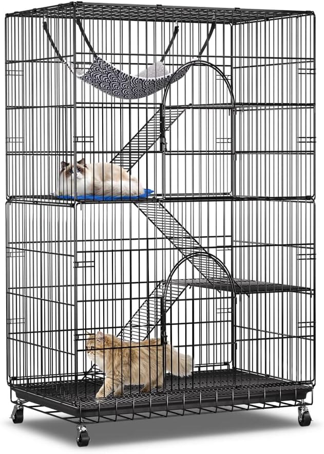 PawGiant 4-Tier Cat Cage 51 Inch Cat Crate Kennel Enclosure Playpen Large Metal Pet Cat Kitten Ferret Animal House Cage Indoor Outdoor with 2 Doors & 1 Hammock