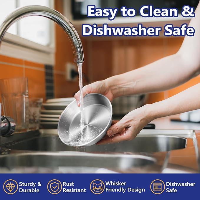 2-Pack Stainless Steel Cat Food Bowls – Deep Whisker-Friendly Non-Slip Silicone Base,Easy to Clean Indoor Feeding Dishes(5.9")