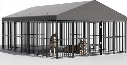 Large Dog Kennel Outside 10X14FT Heavy Duty Dog Cage with Feeding Door, Outdoor Dog Run with Roof and Double Safety Locks for Pets Enclosures