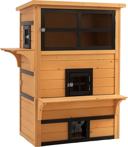 PawHut 3-Story Cat House Feral Cat Shelter, Outdoor Kitten Condo with Raised Floor, Asphalt Roof, Escape Doors, Jumping Platforms, Yellow