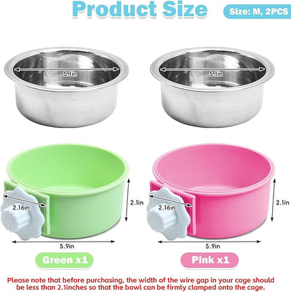 kathson Crate Dog Bowl, Removable Stainless Steel Hanging Pet Cage Bowl Food & Water Feeder Coop Cup for Cat, Puppy, Birds, Rats, Guinea Pigs (2 PCS, Size: M, Green and Pink)