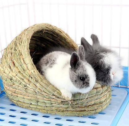 kathson Rabbit Grass House Bunny Woven Hay Bed Guinea Pig Hideout Hand Woven Natural Grass House for Hamster Bunny Guinea Pig and Small Animals with Hay Chew Balls Toys
