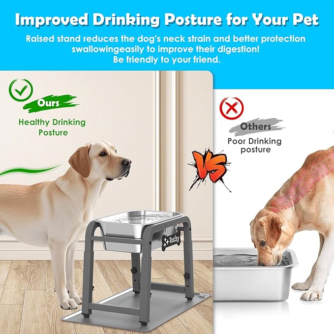 1.2 Gallon Elevated Large Dog Water Bowl with Mat, 4 Height Adjustable 12-17", Raised Dog Water Bowl Stand for Large Breed