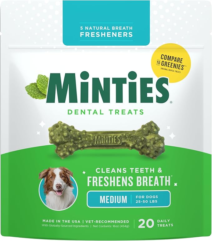 Minties Dental Chews for Dogs, 20 Count, Vet-Recommended Mint-Flavored Treats for Medium Dogs 25-50 lbs, Dental Bones Clean Teeth, Fight Bad Breath, and Removes Plaque and Tartar