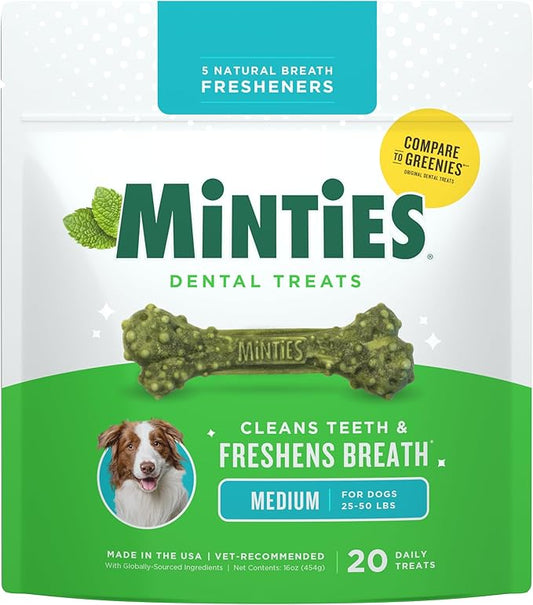 Minties Dental Chews for Dogs, 20 Count, Vet-Recommended Mint-Flavored Treats for Medium Dogs 25-50 lbs, Dental Bones Clean Teeth, Fight Bad Breath, and Removes Plaque and Tartar