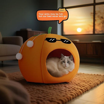 Cute Cat Beds for Indoor Cats, Small Dog Beds, Soft Washable Pet Beds for Kitten and Puppy, Funny Orange Cat Cave, 19 Inches