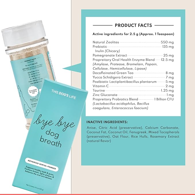 Dog Dental Powder – Vet Formulated - Cleans Teeth, Freshens Breath, Fights Plaque and Tartar – Natural Ingredients - 19 Active Ingredients - Oral Dog Probiotic - No Brushing - Made in USA