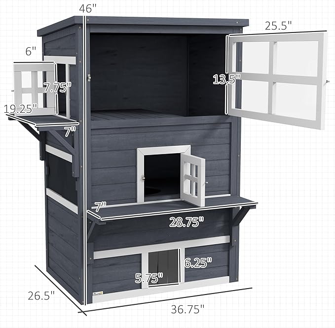 PawHut 3-Story Cat House Feral Cat Shelter, Outdoor Kitten Condo with Raised Floor, Asphalt Roof, Escape Doors, Jumping Platforms, Dark Gray
