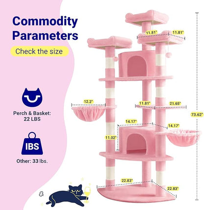 Allewie 73in Fan-Shaped Space-Saving Corner Cat Tower/Multi-Level Tall Cat Tree for Indoor Kitties/Cozy Baskets/Condos/House/Perches/Sisal Scratching Posts/Pet Activity Center/Pink