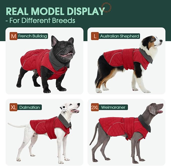 Kuoser Super-Warm Dog Jacket, Fleece Lined Turtleneck Snowsuit for Extra Large Dogs Boy Girl, Windproof Reflective Dog Winter Coat Christmas Pet Cold Weather Clothes, Red 2XL