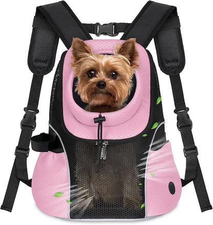 WOYYHO Pet Dog Carrier Backpack Small Dog Front Backpack Ventilated Mesh Dog Travel Back Pack with Safety Belt for Travel Hiking Cycling Outdoor Adventures (Size M: 5-9 lbs, Pink)
