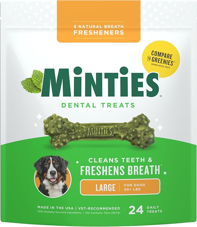 Minties Dental Chews for Dogs, 24 Count, Vet-Recommended Mint-Flavored Treats for Large Dogs Over 50 lbs, Dental Bones Clean Teeth, Fight Bad Breath, and Removes Plaque and Tartar