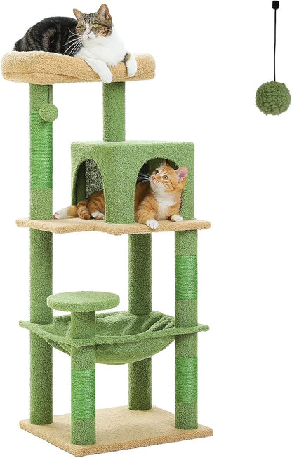 PEQULTI 45.7'' Cactus Cat Tree for Indoor Cats with Metal Frame Big Hammock, Cat Tower for Small or Medium Cats with Cat Condo House, with Scratching Posts and Top Perch, Green