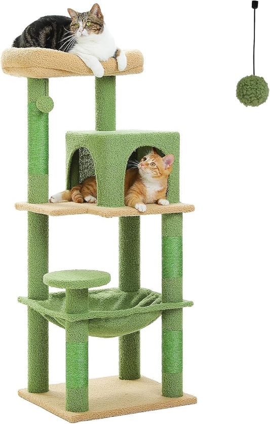 PEQULTI 45.7'' Cactus Cat Tree for Indoor Cats with Metal Frame Big Hammock, Cat Tower for Small or Medium Cats with Cat Condo House, with Scratching Posts and Top Perch, Green