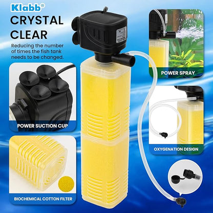 Klabb Aquarium Filter 40-100 Gal Tanks Submersible Internal Fish Tank Filters Large Tank Pond Clear for 320 GPH 4 in 1 Biochemical Filtration 1.2 m Lift Wavemaker and Air Supply 110V 60Hz