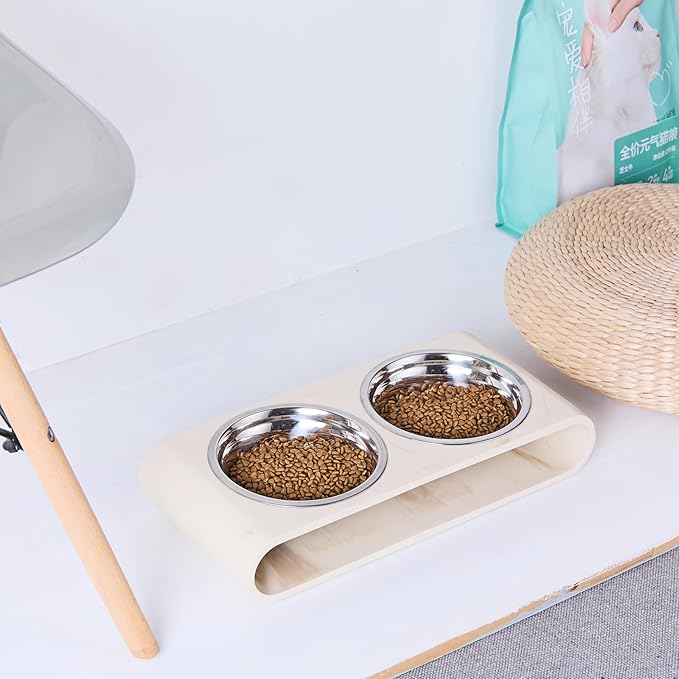 Beige Marble Elevated Dog Bowls Set - 2 Thick 6" Stainless Steel Puppy Food Bowl with Non-Slip Raised Holder Stand, Double Feeding Bowls for Food and Water, Suitable for Cats and Small Medium Pet