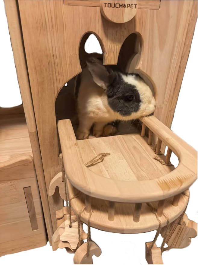 Touch&Pet Luxury Hideaway Habitat Tunnel, Large Wooden Rabbit House, Deluxe Two-Story Bunny Tower, Portable Animal Castle, Animal Furniture, Ramp for Guinea Pigs, Small Pets