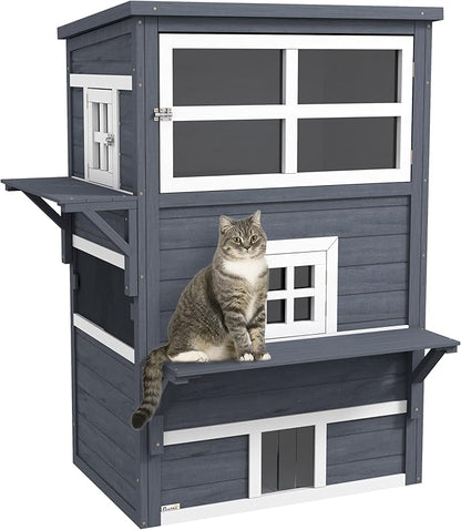 PawHut 3-Story Cat House Feral Cat Shelter, Outdoor Kitten Condo with Raised Floor, Asphalt Roof, Escape Doors, Jumping Platforms, Dark Gray