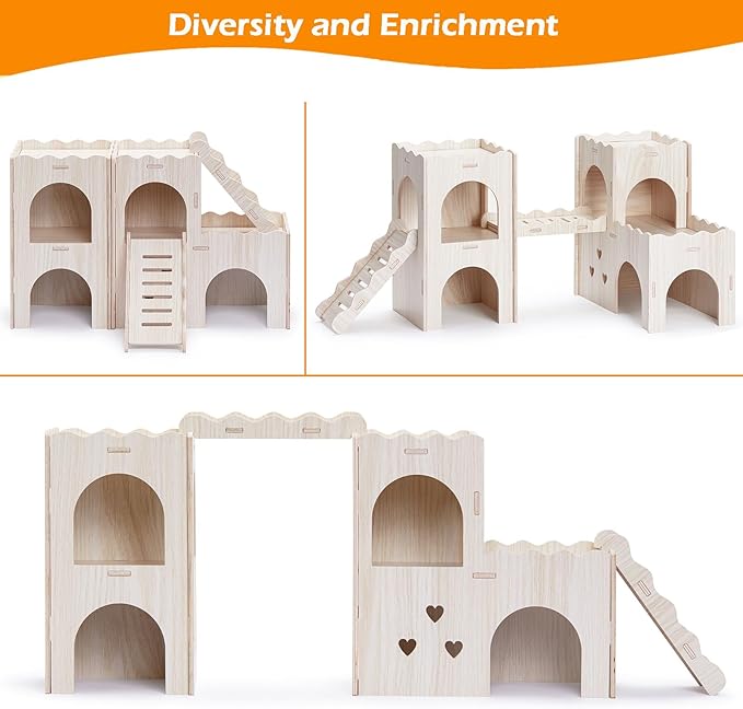 Large Hamster Hideout, Wooden Hamster Houses and Hideouts, Double-Decker Hamster Hut Castle, Dwarf Gerbils Habitat House with Climbing Ladder, Multi Chamber Syrian Hamsters Hides