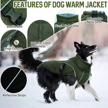 DENTRUN Extra Large Warm Dog Jacket - Windproof Water Repellent Reflective Coat, Adjustable Plush Turtleneck, Easy Wear Fleece Lined Cold Weather Vest for Great Dane, Army Green, XXXL