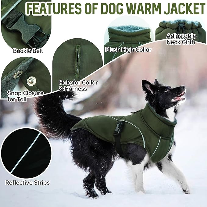 DENTRUN Large Dog Winter Coat - Windproof Reflective Warm Coat, Adjustable Neck & Snap Closure, Water Repellent Thick Fleece Vest, Fleece Lined for for Golden Retriever, Army Green, XL