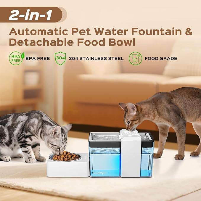 Automatic Cat Water Fountain with Food Bowl – 2.2L/74oz 2-in-1 Pet Water Dispenser & 304 Stainless Steel Bowl, Ultra-Quiet, LED Indicator, BPA-Free, Smart Shut-Off for Cats and Dogs