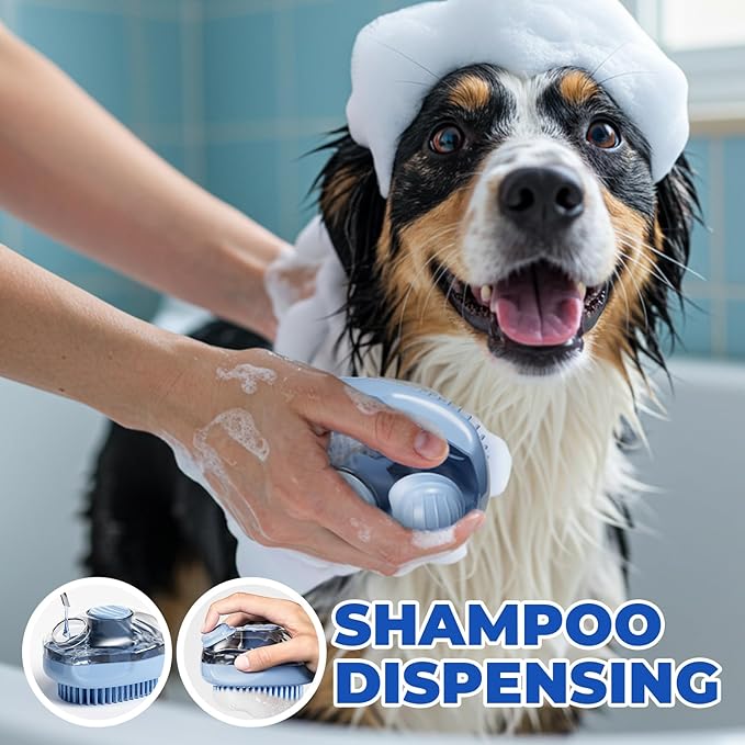 JIGA Cat Brush, Dog Bath Brush with Shampoo Dispensing, Dog Brush for Shedding with Self Cleaning, Dog Grooming Supplies, Blue