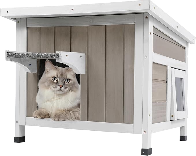 Outdoor Cat House for Feral Cats Weatherproof Cat Shelter Wooden Pet Small Houses Indoor Cat Condo with Escape Door & Openable Asphalt Roof to Enhanced Safety, Simple Assembly