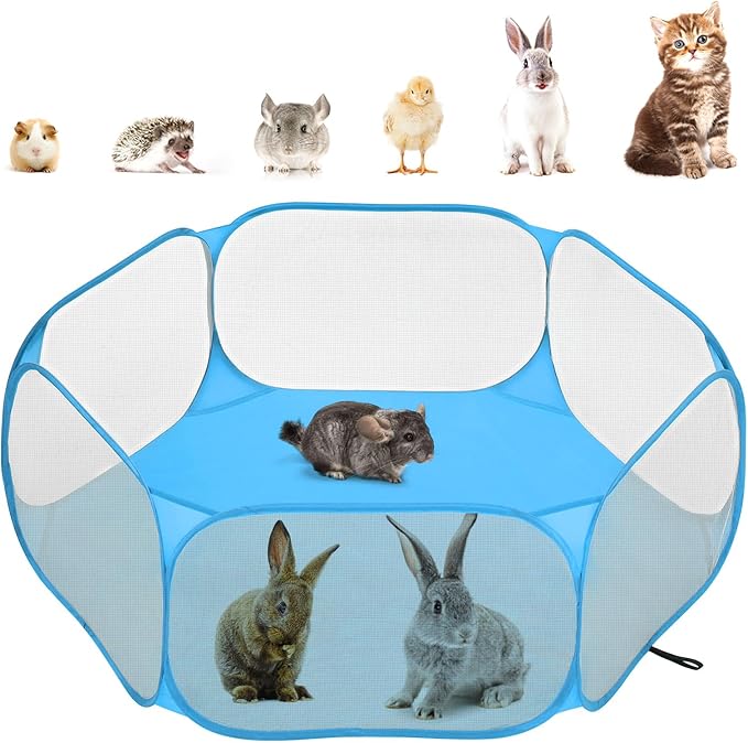 Pawaboo Small Animals Playpen, Waterproof Small Pet Cage Tent with Strong Steel Wire Frame, Portable Outdoor Yard Fence for Chick/Kitten/Puppy/Guinea Pig/Rabbits/Hamster/Chinchillas, Blue