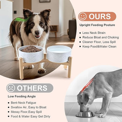 SPUNKYJUNKY Elevated Dog Bowls Ceramic, 7.3'' Dogs Food Water Bowls Raised with Non-Slip Bamboo Stand for Medium to Large Sized Breed Microwave Dishwasher Safe - 42 OZ,Paw White