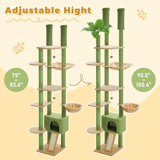 PETEPELA Floor to Ceiling Cat Tree, Adjustable 90.5''-100.4'' Cat Tower Cactus Climbing Tree with Scratching Posts, Spacious Condo and Large Hammock for Indoor Cats Large Adult, Green