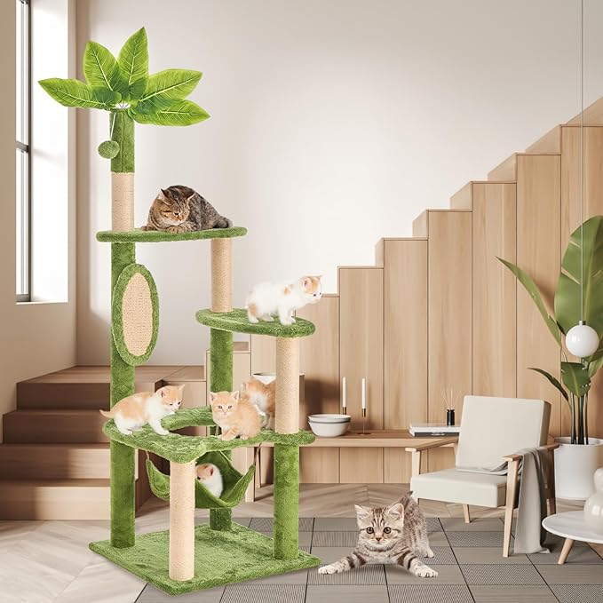 55" Cat Tree for with Green Leaves, Multi-Level Large Cat Tower with Hammock, Plush Cat House with Hang Ball Toy and Sisal Scratching Posts Furniture, Green