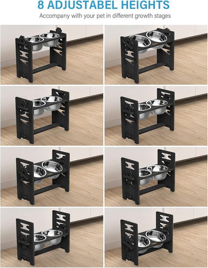 Vantic Elevated Dog Bowls, Adjustable Raised Dog Bowl Stand for Large and XLarge Pet, Sturdy Bamboo Food Feeder with 2 Stainless Steel Dishes, Black