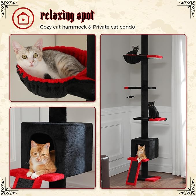 PEQULTI Gothic Cat Tree Floor to Ceiling, Tall Cat Tower, Adjustable Height (83''-108'') 5 Tiers Climbing Tree for Indoor Cats with Cat Condo, Scratching Post and Ladder, Black