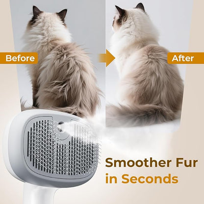 Pecute Steam Cat Brush, Self-Cleaning Cat Steam Brush with 2 Water Spray Modes, Large Capacity Tank, Dog Brush for Shedding Massaging Grooming, Cool Mist Only