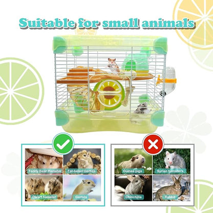 2 Layers Hamster Cage with Tubes Mouse Cage with Accessories Water Bottle Food Dish Transparent Hamster Habitat with Exercise Wheel for Hamster Guinea Pig Gerbil (10.9" x 8.1" x 9.8" Yellow)