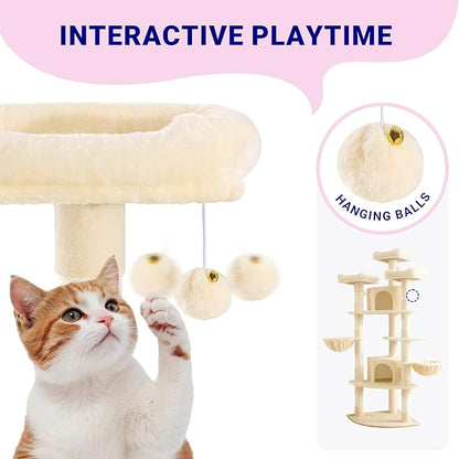 Allewie 73in Fan-Shaped Space-Saving Corner Cat Tower/Multi-Level Tall Cat Tree for Indoor Kitties/Cozy Baskets/Condos/House/Perches/Sisal Scratching Posts/Pet Activity Center/Beige