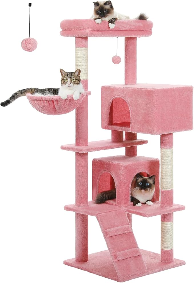 PEQULTI 56.3'' Cat Tree for Large Cats with Super Large Top Perch, Tower for Indoor Cats with Hammock and Sleeping Bag, Cat Shelves with Scratching Posts and 2 Condos Houses Pink
