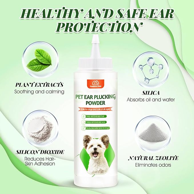 Dog Ear Powder Set, Dog Ear Powder for Hair Removal 30g , 5.5 Inch Hemostat and Dog Clippers for Grooming, Dog Ear Infection Treatment ，Removing Earwax and Odour，Relief of Itching（greener 3pcs)