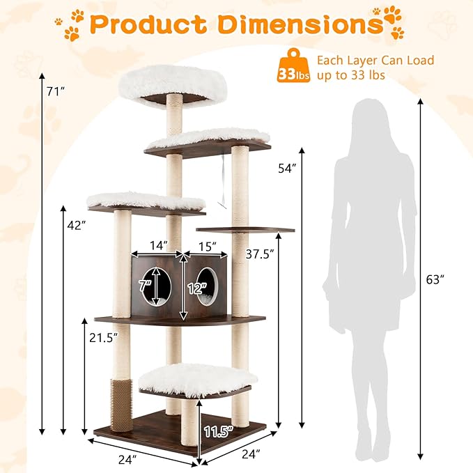 PETSITE Tall Cat Tree for Indoor Cats, 71 Inches Multi-Level Modern Cat Tower with Plush Perch, Cozy Condo, Platforms, Sisal Scratching Posts, EVA Massage Comb & Removable Cushions (Brown)