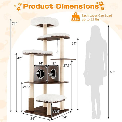 PETSITE Tall Cat Tree for Indoor Cats, 71 Inches Multi-Level Modern Cat Tower with Plush Perch, Cozy Condo, Platforms, Sisal Scratching Posts, EVA Massage Comb & Removable Cushions (Brown)