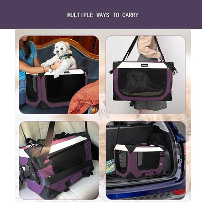 Large Cat Carrier, Collapsible Dog Travel Crate Portable Soft-Sided Pet Carrier with Super Soft Warm Plush Mat for Indoor and Outdoor 24x16x16in,Purple