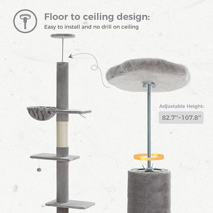 PETEPELA Floor to Ceiling Cat Tree[83"-108"], Cat Tower 5 Levels, Height Adjustable, Cat Scratching Post with Top Perches and Spacious Condo for Large Indoor Cats, Dark Grey