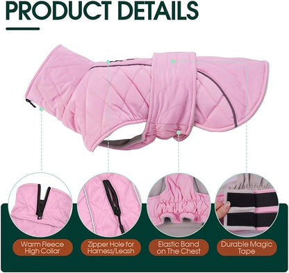 Kuoser Dog Coat, Extra Warm Dog Jacket Windproof Dogs Cold Weather Coats for Large Dogs, Fleece Lining Turtleneck Puppy Snowsuit Reflective Adjustable Pet Winter Clothes Christmas, Pink 2XL