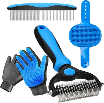 4-in-1 Pet Grooming Kit - Deshedding Rake, Fine Tooth Comb, Grooming Gloves & Massage Brush for Dogs & Cats - Remove Loose Hair, Reduce Shedding, Detangle Mats (Grooming Rake Set)